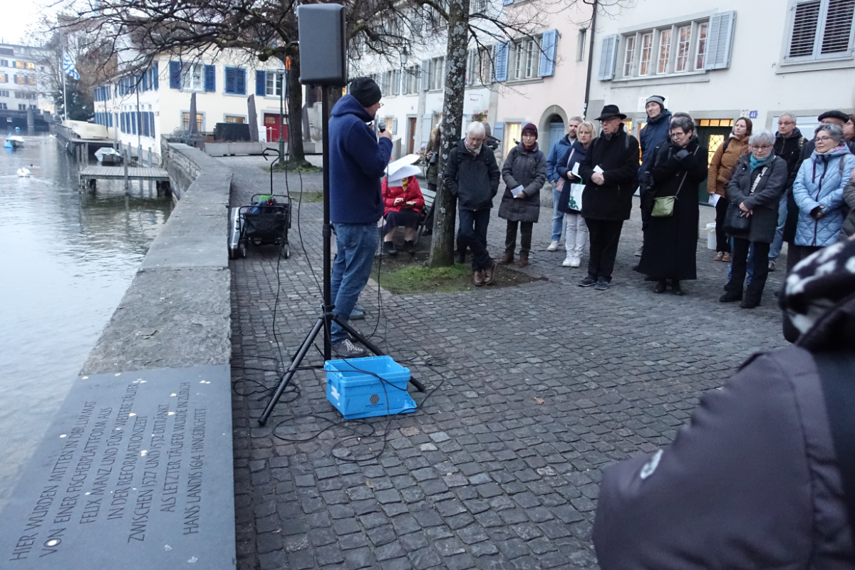 commémoration du 500e anniversaire de l'anabaptisme le 21 janvier 2025 à la Schipfe à Zurich commémoration du 500e anniv. de l'anabaptisme le 21 janvier 2025 à la Schipfe à Zurich